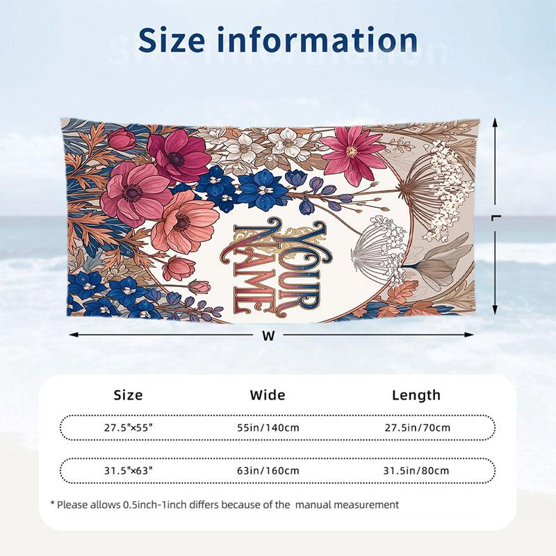 Floral Artwork 30 Theme Quick Dry Beach Towel Custom Name Text Print Large Sand Resistant Towel Beach Vacation