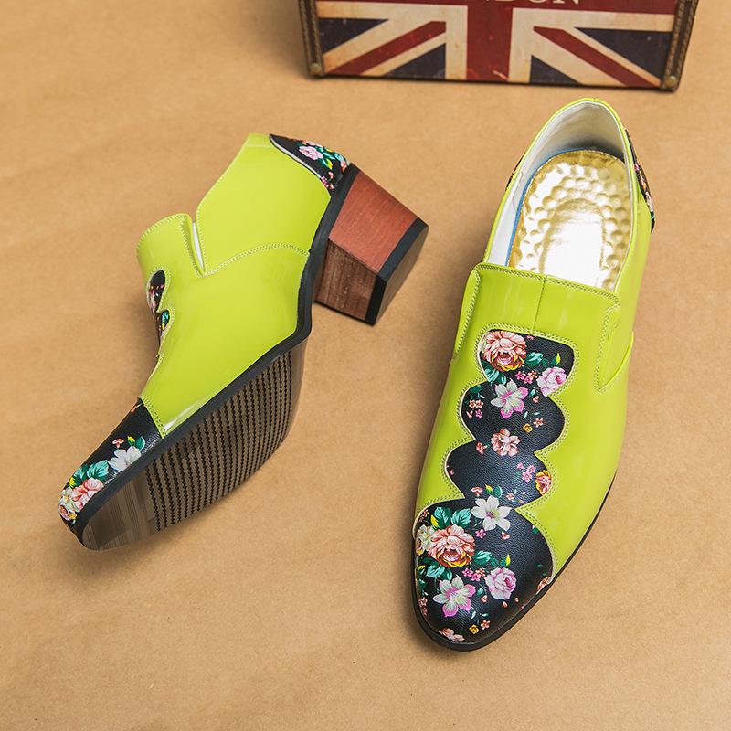 Men's Ethnic Style Autumn Floral Leather Shoes - Pointed Toe, Increased Height, Large Size, Formal & Casual, European & American Design.