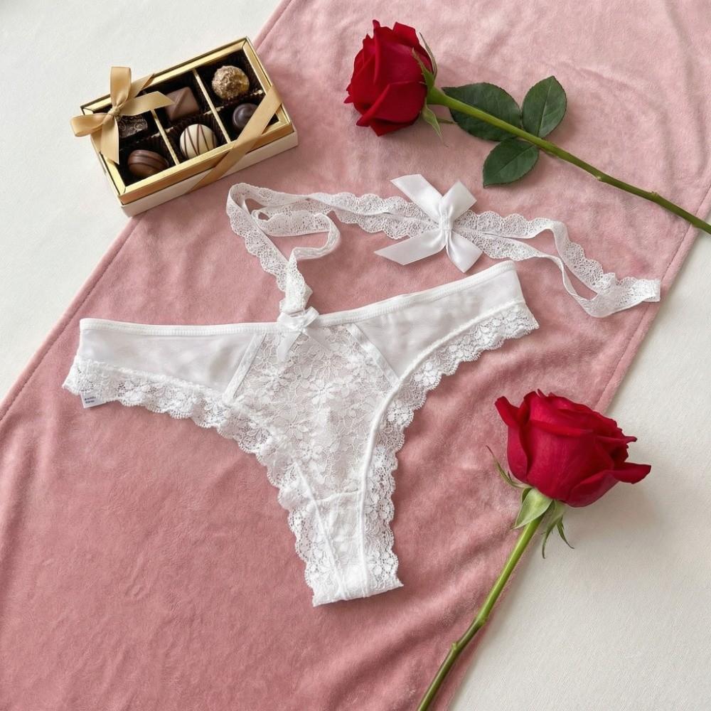 Bow Hanging Neck Chain Lace Flower Transparent Briefs Patchwork Underwear for Women  Lady