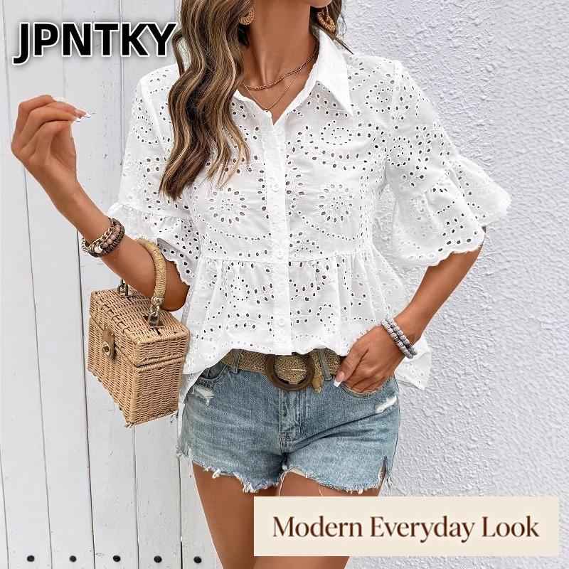 JPNTKY Women's Fashion Casual Solid Color Print Short Sleeve POLO Neck Blouses & Shirts