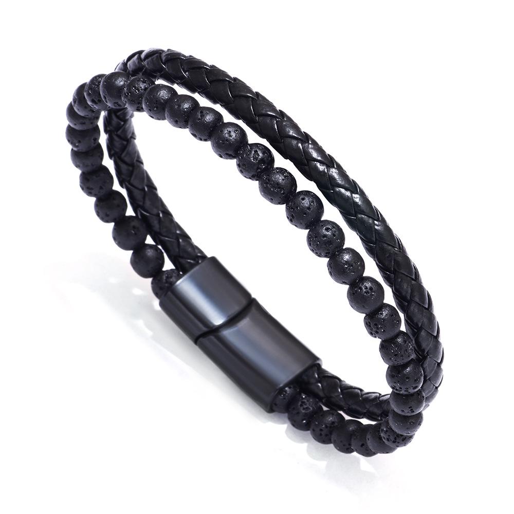Men's Versatile High-End Natural Tiger Eye & Volcanic Stone Beaded PU Leather Bracelet