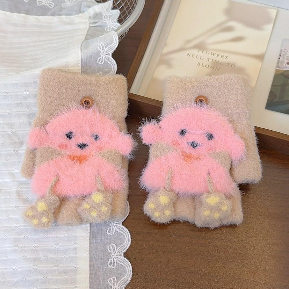 Thick Warm Cartoon Convertible Gloves Polyamide Bear Flip Top Gloves For Students