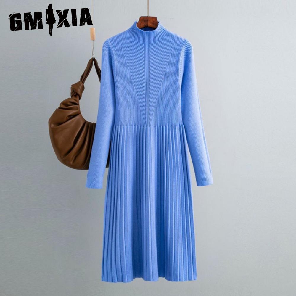 

GMXIA Женское осенне-зимнее простое трикотажное платье-свитер с длинным рукавом и высокой талией one size синий