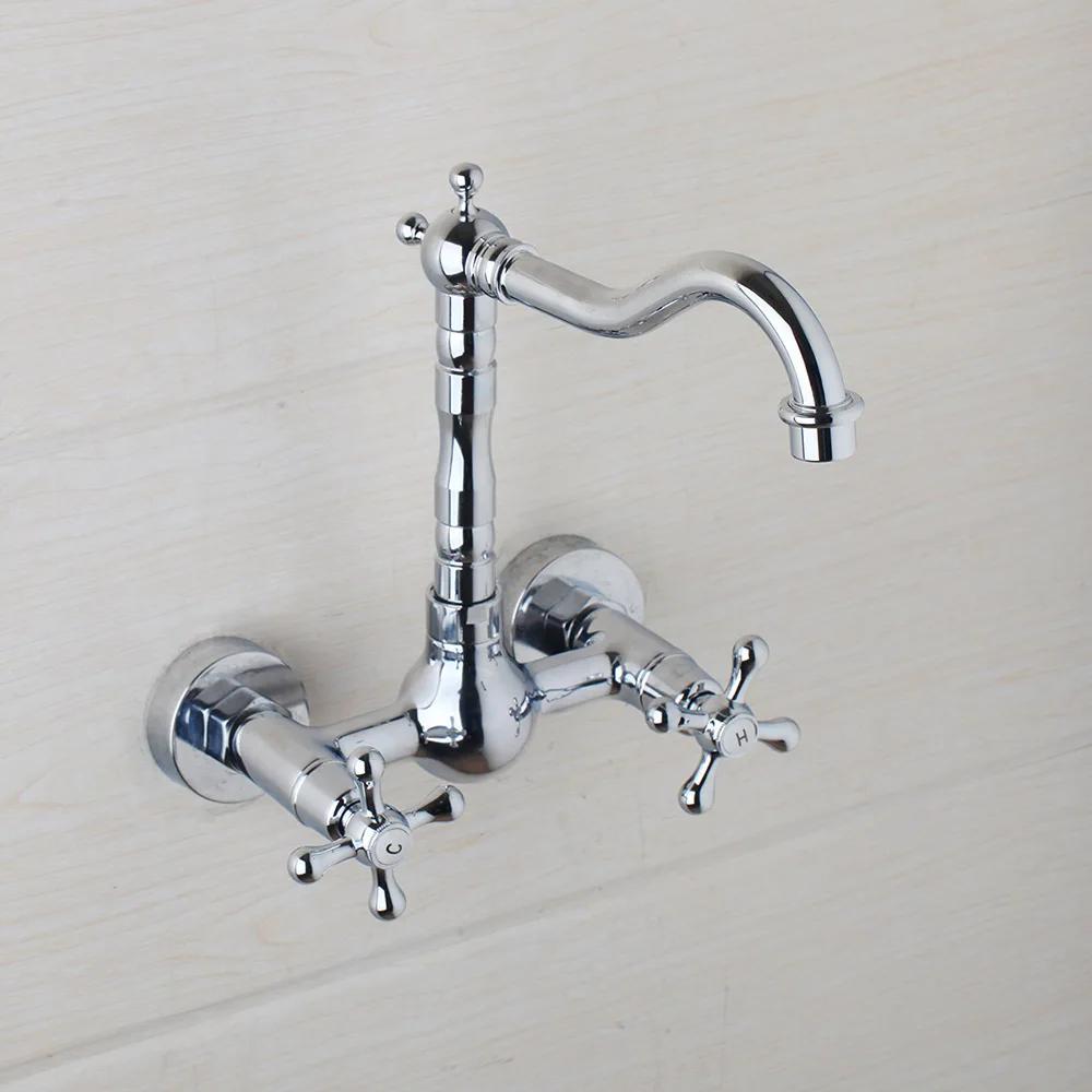 KEMAIDI Antique Brass Bathroom Basin Sink Faucet Tap Dual Handles Wall Mounted Hot Cold Water Mixer Tap 360 Swivel Spout Faucets