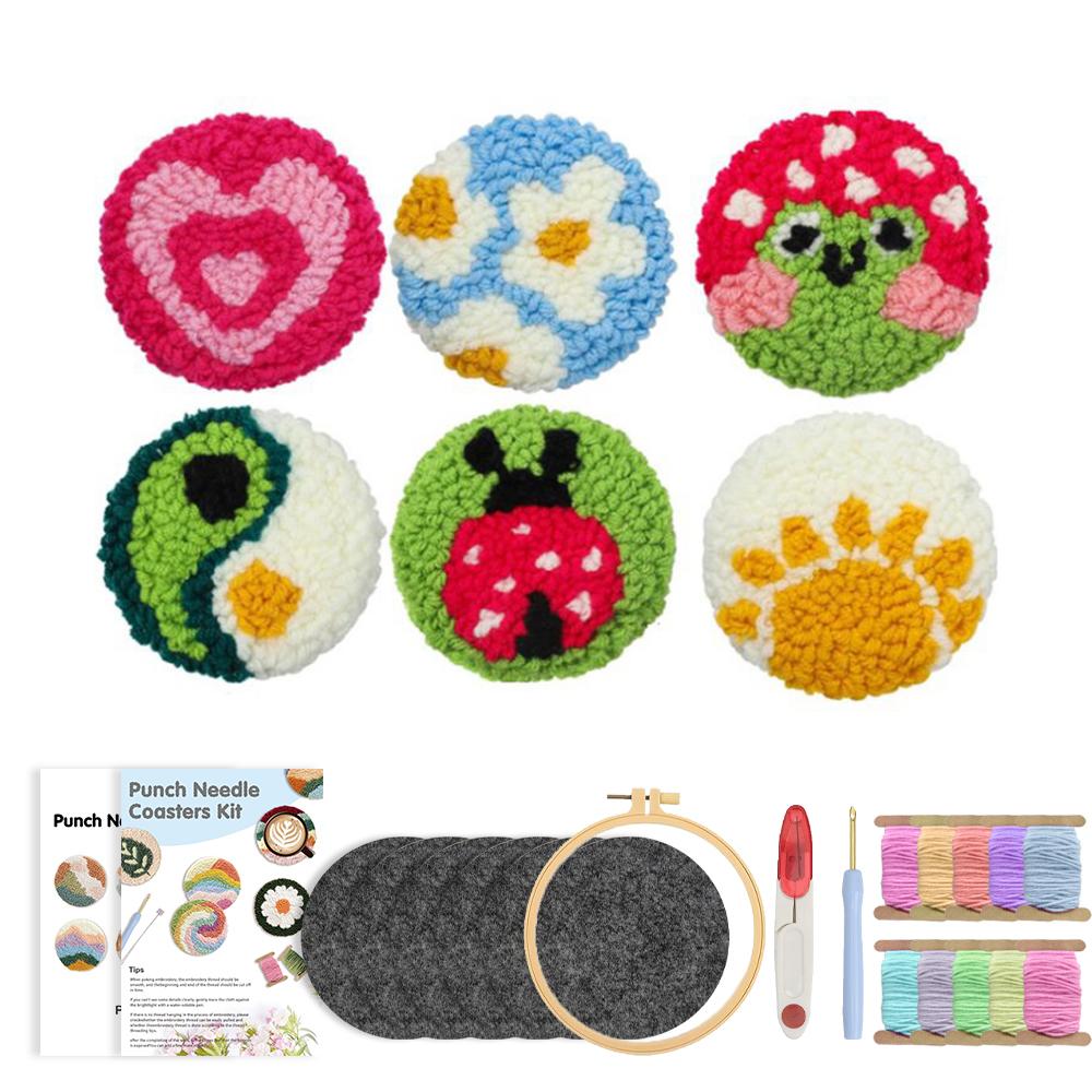 Punch Needle Coaster Kit 6Pcs Animal Frog Punch Needle Embroidery Kits for Beginners Art Work Decor Coasters Kit