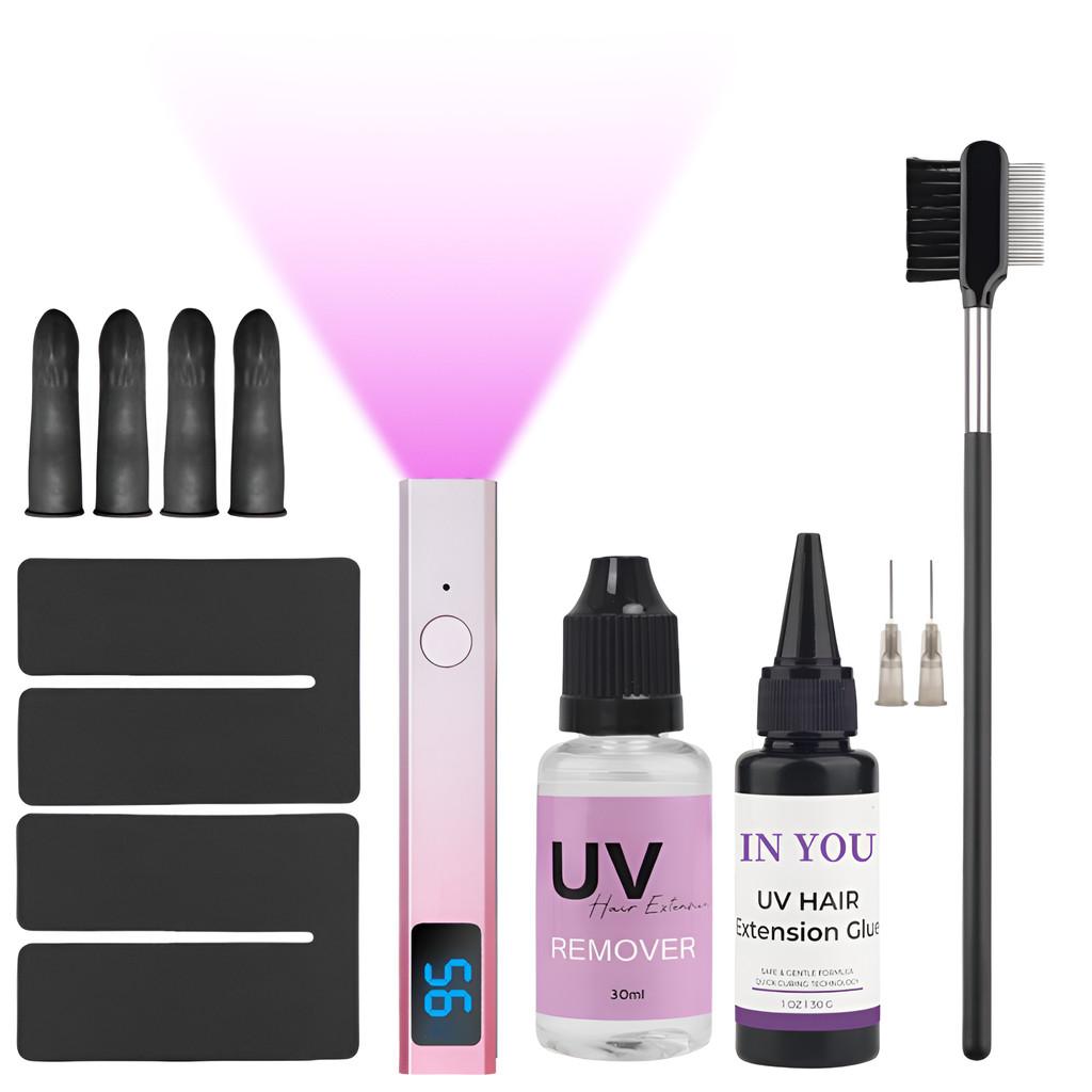 

Набор для волос Salon Pro UV: Быстросохнущий водостойкий клей + УФ-лампа, Бесшовные естественные соединения, Полный набор с расческой-удалителем A set