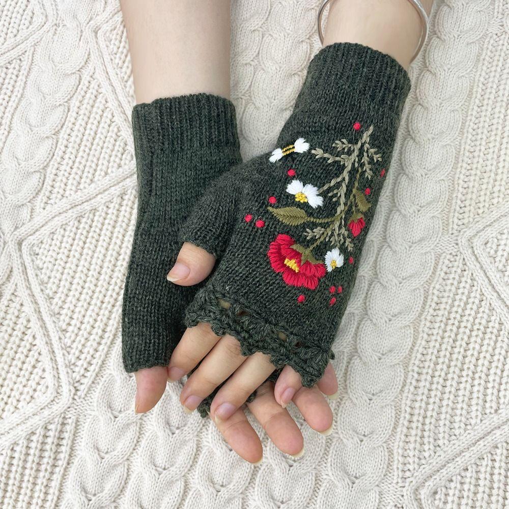 Vintage Embroidery Knitted Gloves Floral Fingerless Gloves All-Match Winter Wool Gloves  Outdoor