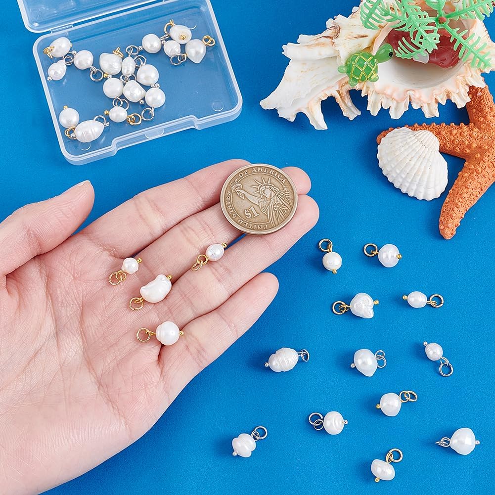 PH PandaHall 32Pcs 4 Styles Freshwater Pearl Charms Pendants with Brass Loops Natural Pearl Pendants White Rice Oval Pearl Charms for Jewelry