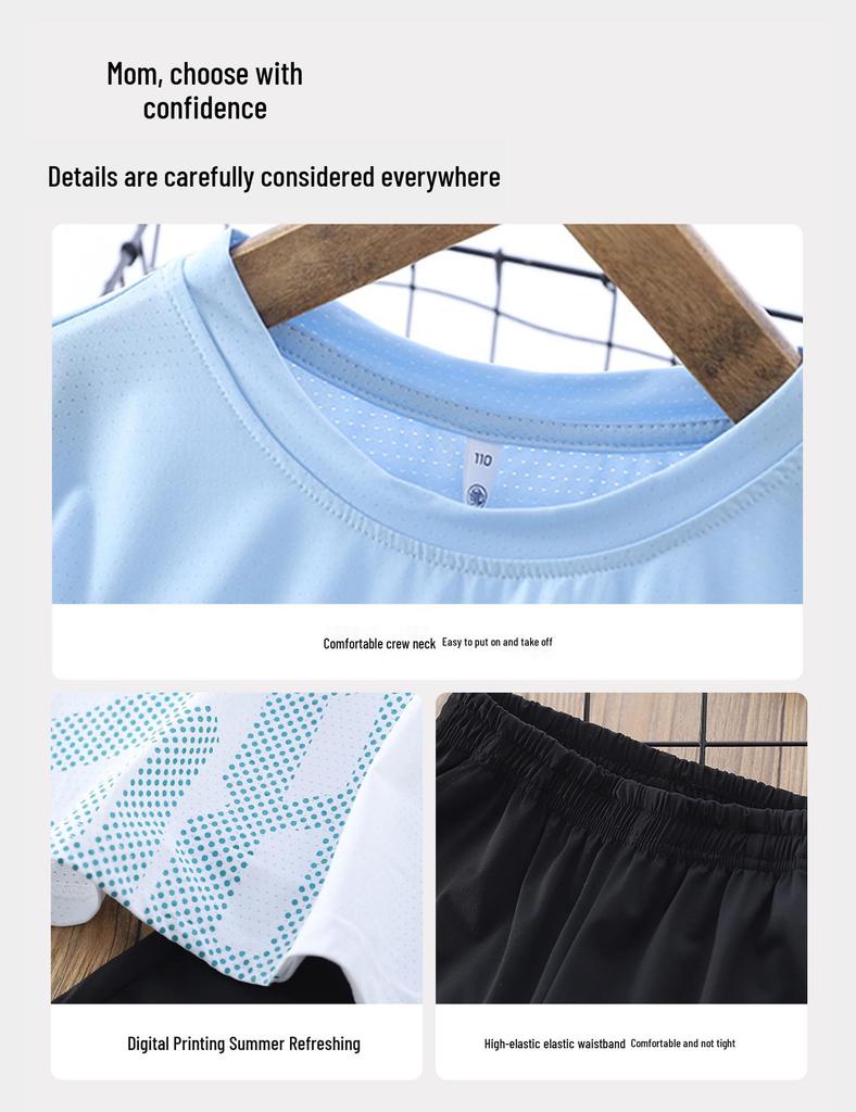 Boys' Ice Silk Summer 2026 Two-Piece Set: Short Sleeve T-shirt & Shorts for Middle and Older Children - Thin Style Sportswear.