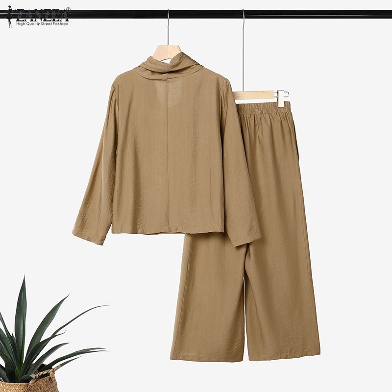 ZANZEA Womens Vintage 2PCS Sets Cowl Neck Blouse and Wide Leg Trousers Casual Loose Suit Autumn Spring Outfits
