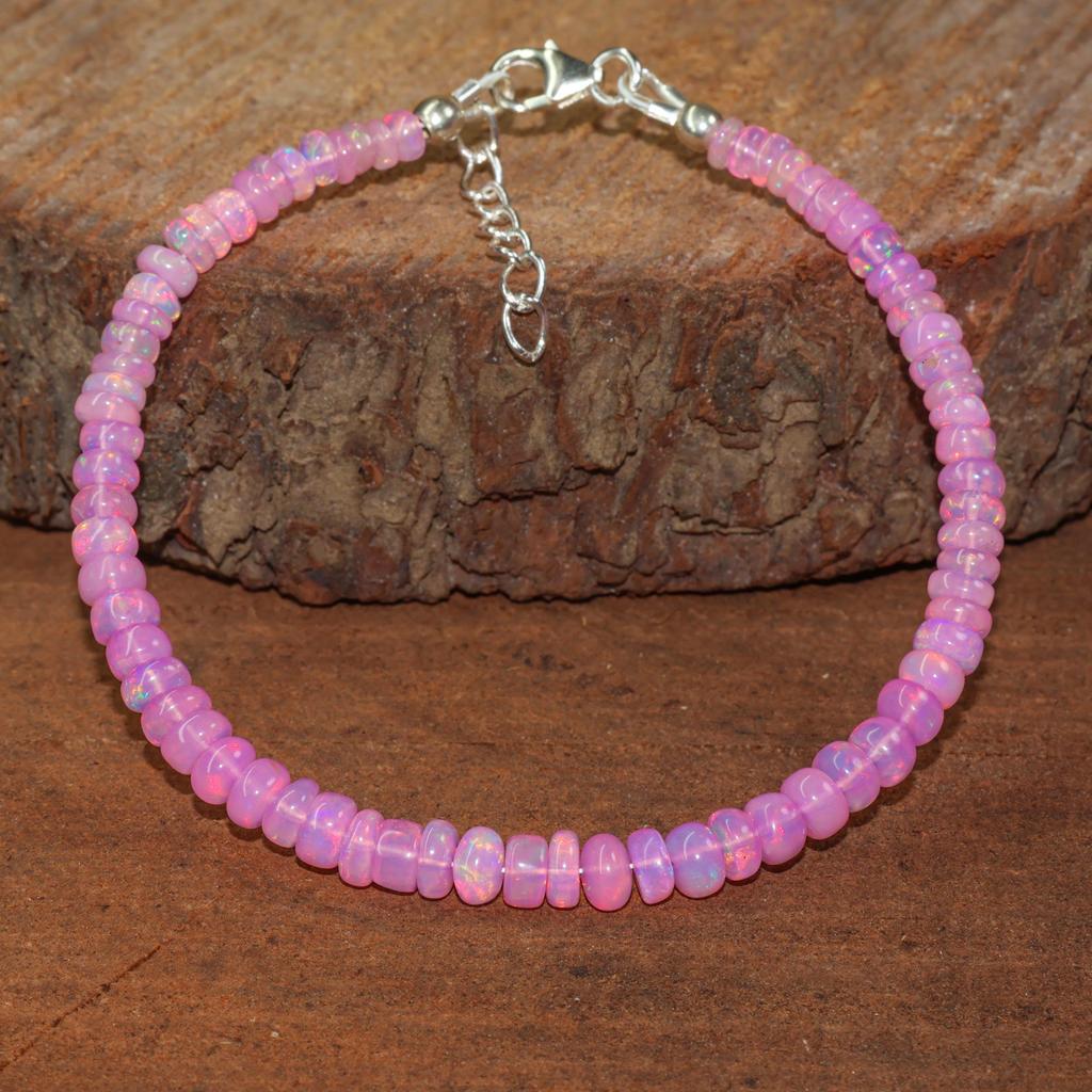 Pink Opal Smooth Beads Bracelet for Women, Ethiopian Opal Beads Handmade Bracelet, October Birthstone Beaded Bracelet, Gift for Her