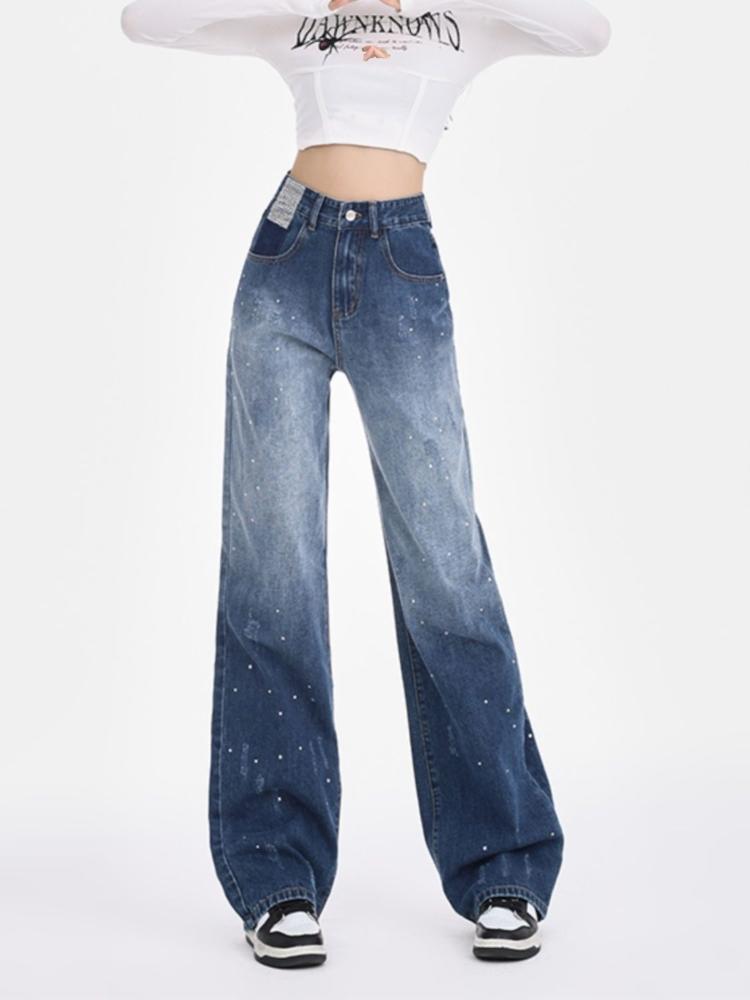 Gradient Fashion Design Wide Leg Jeans Women Autumn New High Waist Elegant Slim Long Pants Casual Drape Straight Mop Pants