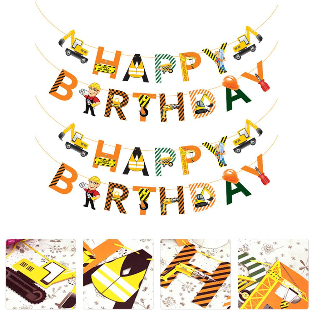 2 Pcs Engineering Car Pull Flowers Happy Birthday Banner Decorations Construction Fornite Ornament Home The Baby