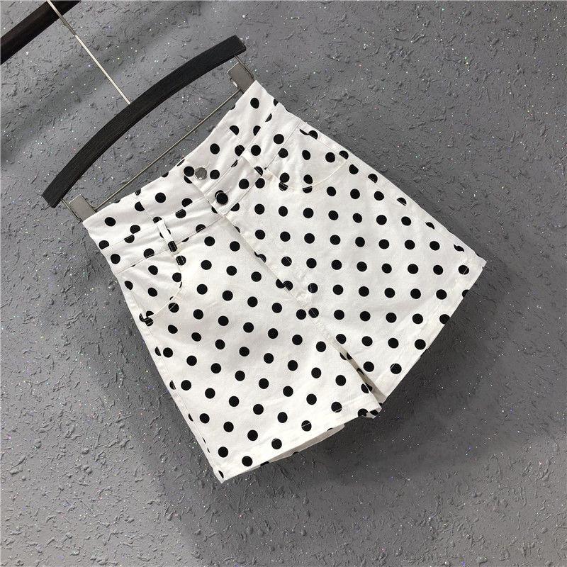 2025 Spring/Summer Women's Polka Dot High Waist Denim Shorts - Trendy Hong Kong Style, Washed Cotton, Wide Leg Fit