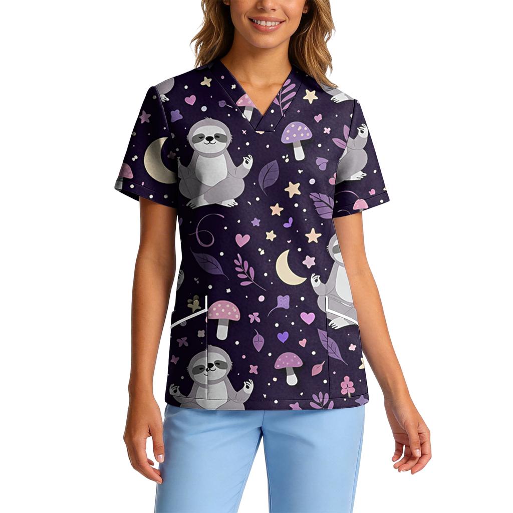 Top de Trabalho Feminino com Gola V de Manga Curta, Stretch e Secagem Rápida, com Estampa Animal e Bolsos