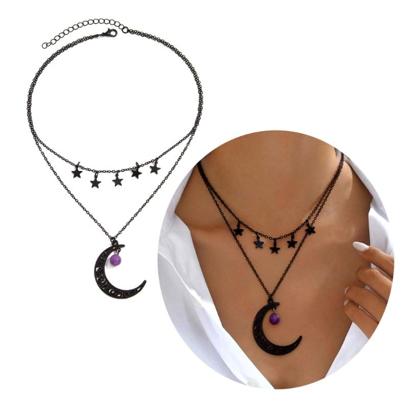 Gothic Necklace Hollow Moon Star Pendant Neckchain for Women Fashionable Jewelry Gift For Parties and Festivals