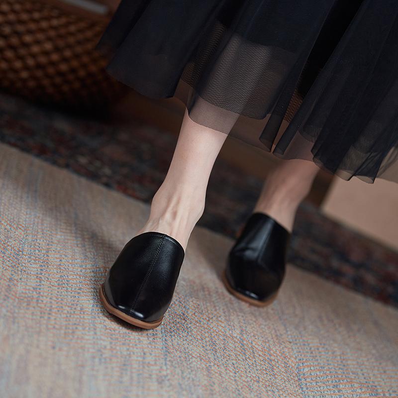 

Fashion 2025 Summer Women Shoes Square Toe Square Heel Slippers Fashion Cowhide Leather Shoes for Women Casual Mules for Women 40 чёрный