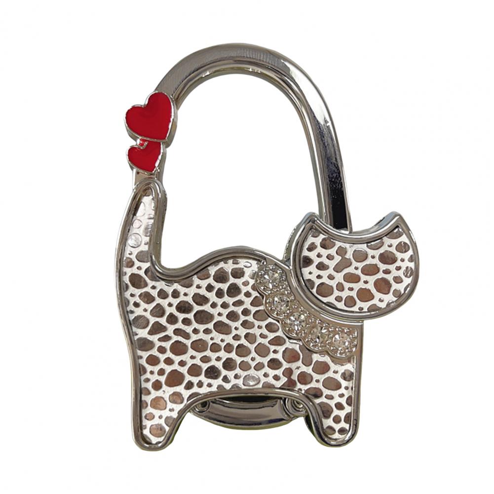 Cat-Shaped Bag Hook with Shiny Rhinestones Decor Non-Slip Base Foldable Desk Edge Handbag Hanger Keychain