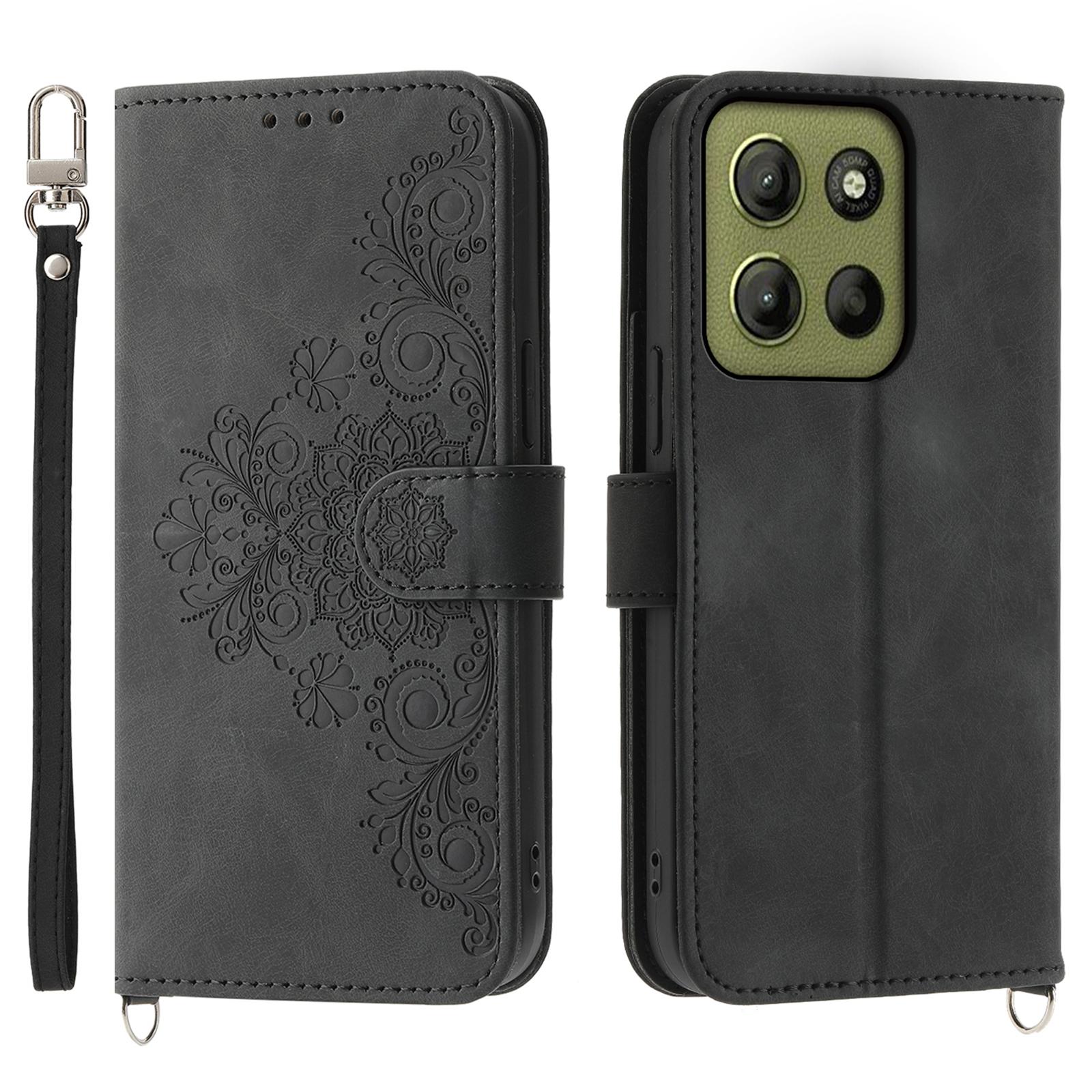 

For Motorola Moto G15 4G Case Flower Pattern PU Leather Wallet Phone Cover with Strap Black