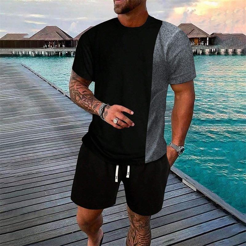 

Summer Men s Casual Short-Sleeved Shorts Set Simple Cross Printed T-Shirt Matching Color Round Neck Short-Sleeved 2-Piece Set 5XL