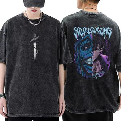 Anime Solo Leveling Sung Jinwoo Print T-Shirt Herren Damen Vintage T-Shirts Gewaschene Baumwolle T-Shirt Harajuku Männlich Lässig Lockeres T-Shirt