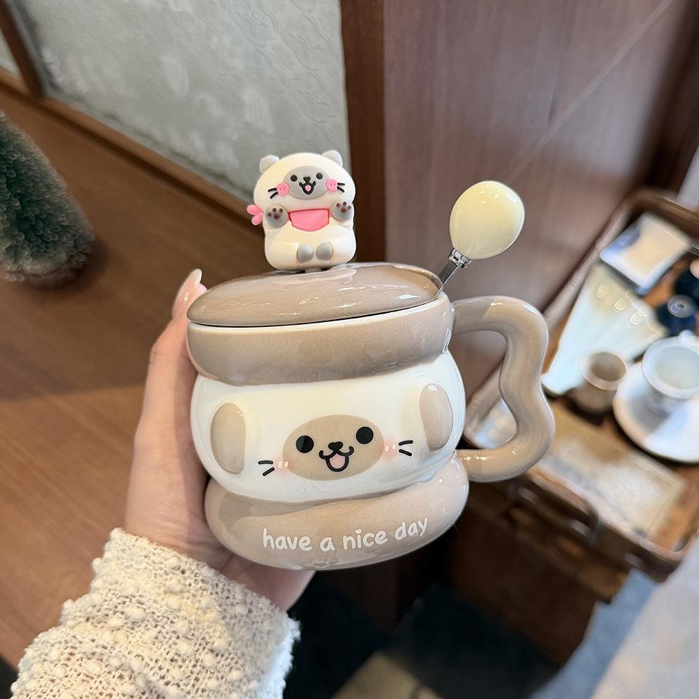 Cute Puppy Mug With Lid Spoon Wind Ceramic Cup Couple Water Cup Girls Household Breakfast Cup Children