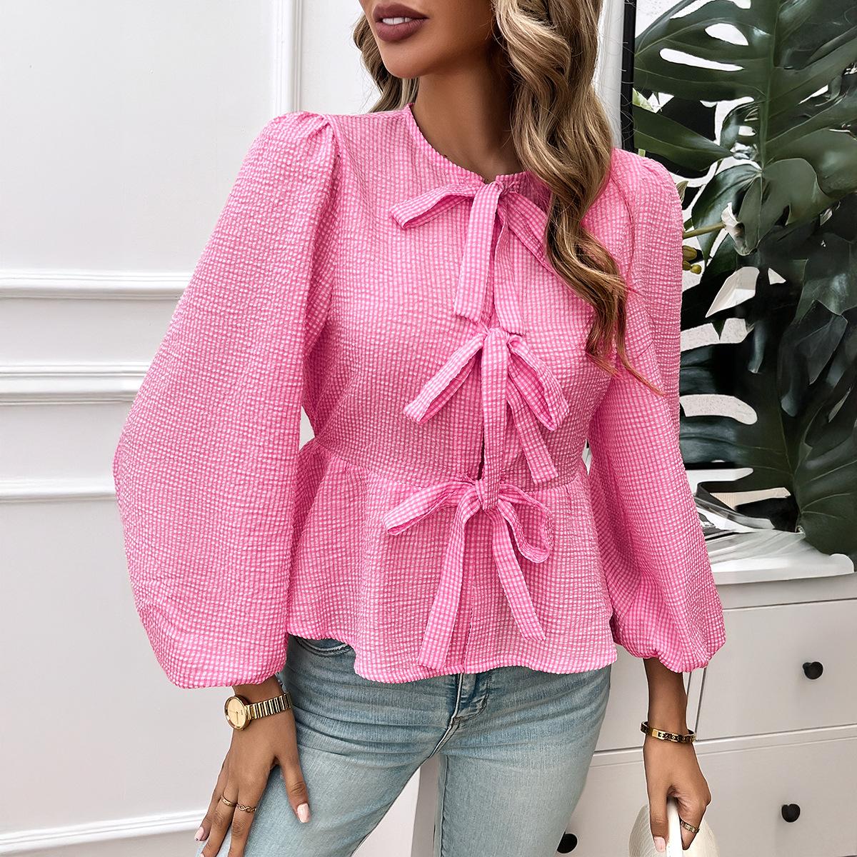 

Women s Top Casual Puff Sleeve Round Neck Loose Long Sleeve Blouse S рожевий