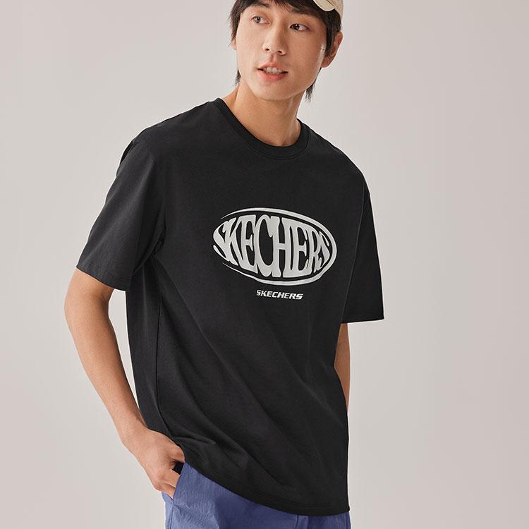 Skechers Fashion Round Neck Knitted Pullover Breathable Drop Shoulder Short Sleeve T-Shirt Unisex tops Carbon-Black L225U042-0018