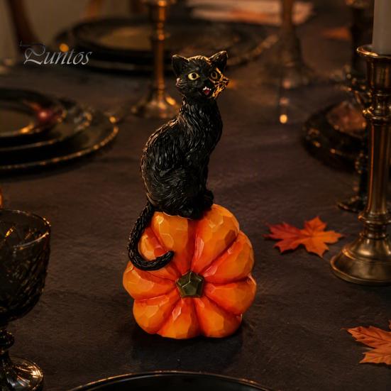 Black Cat Sculpture with Pumpkin Halloween Ornament, Vintage Wood Carving Style Indoor Holiday Tabletop Accents Resin Figurine, Spooky Decor for Home