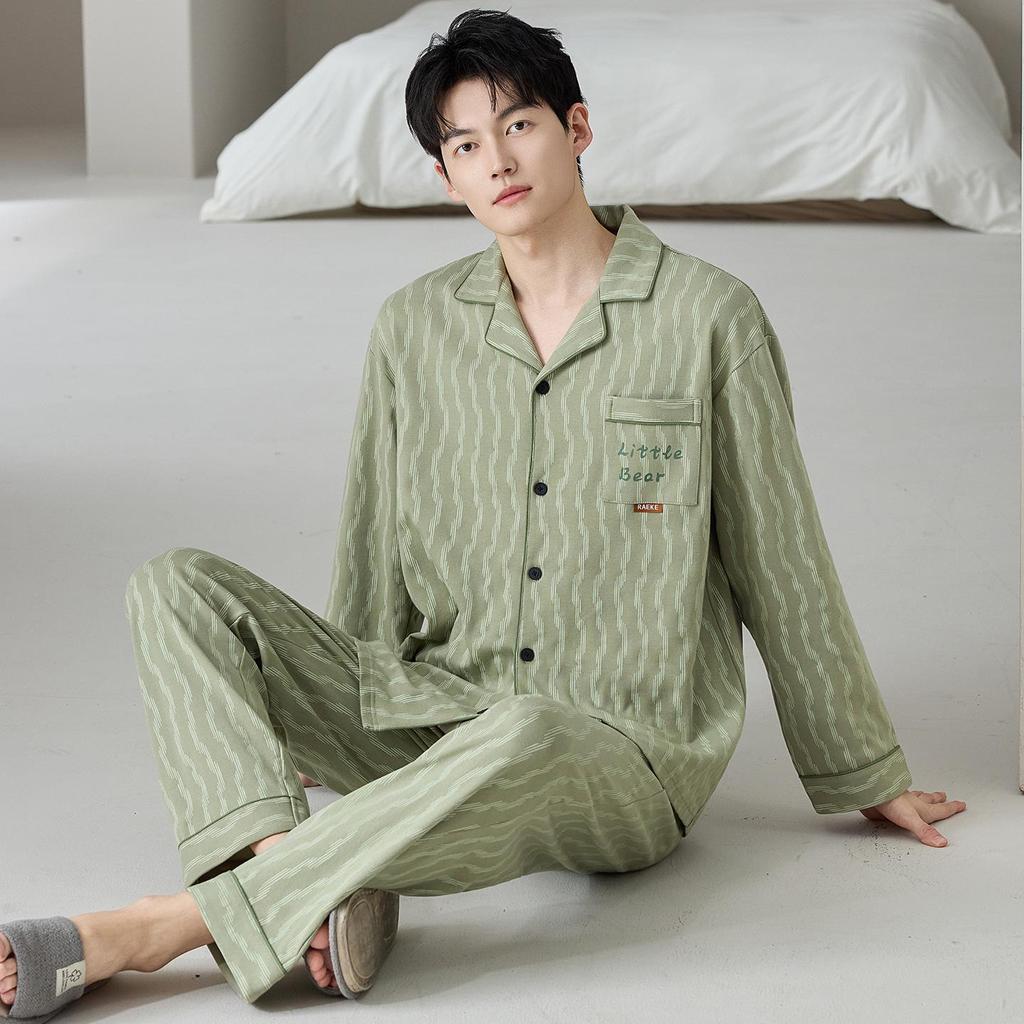Men's 100% Cotton Striped Long Sleeve Pajamas - Trendy Korean Style for Spring