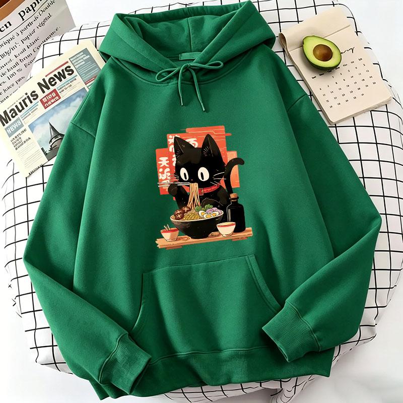 Funny Black Ramen Cat Japanese Anime Style Design Printed Hoodie Fleece Sweatshirt Soft Graphic Pullover Casual Clothes