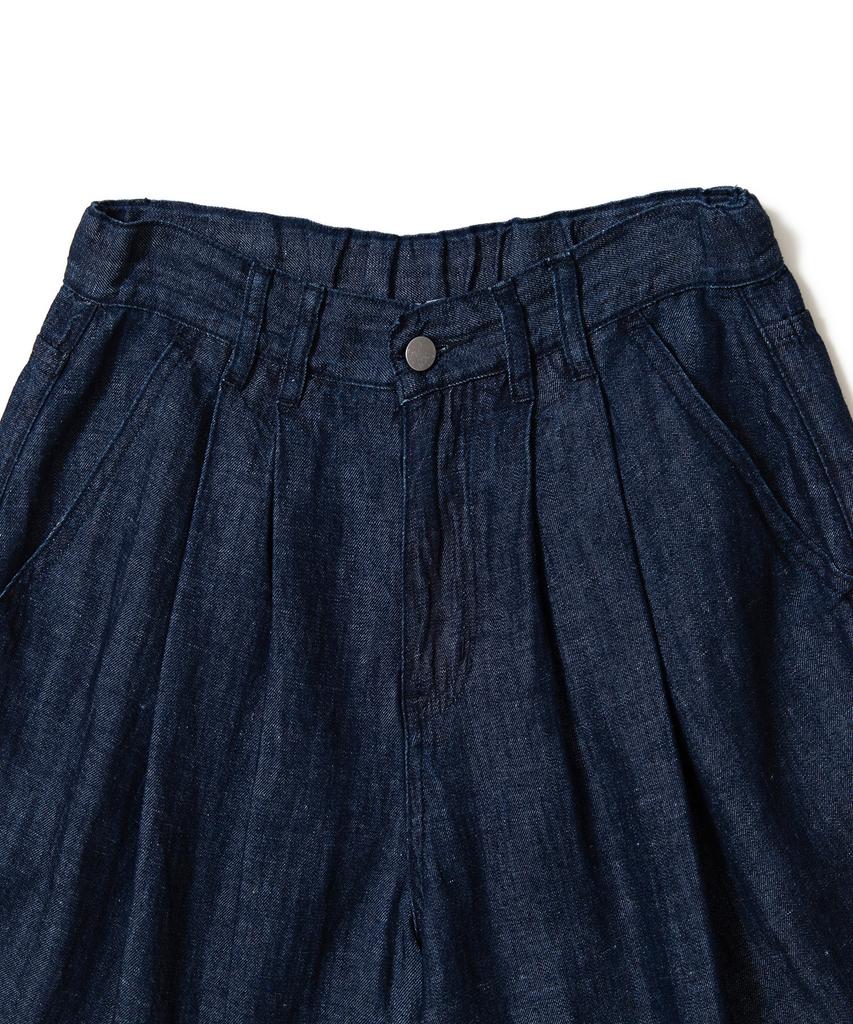 AOTT Linen Denim Wide Double-Pleat Bermuda Pants Dark Blue