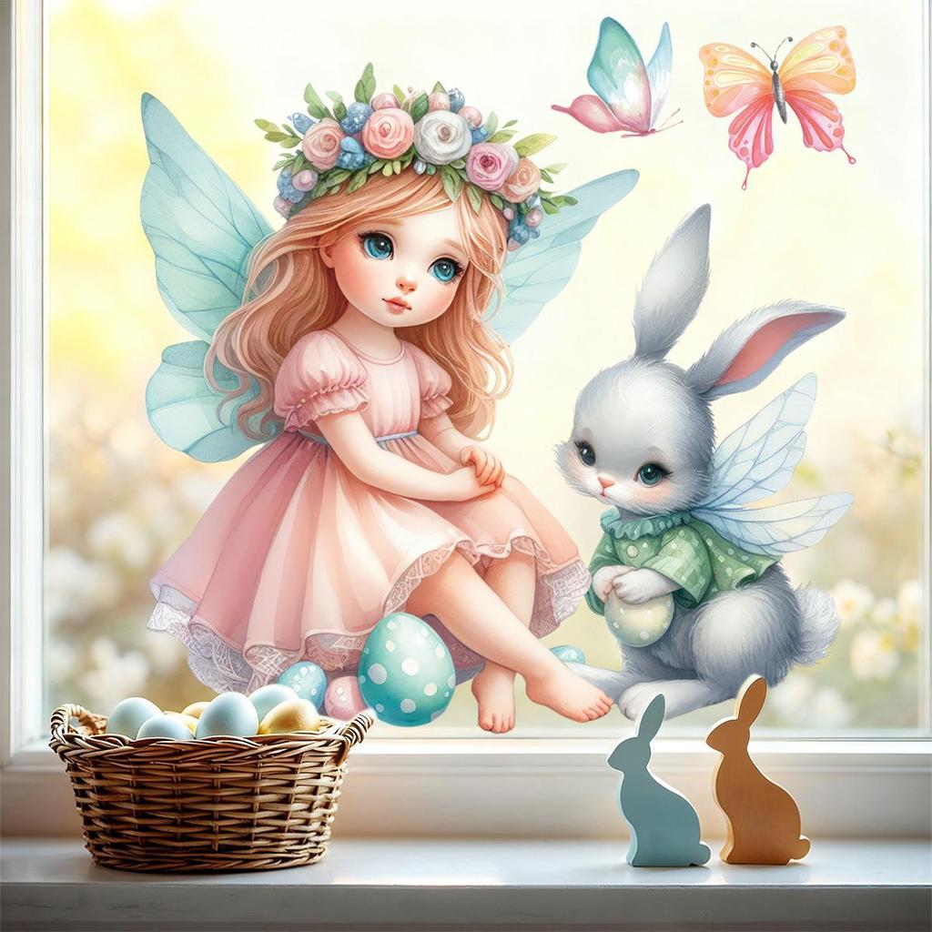 Easter Cartoon Angel & Rabbit Window Clings - Decorative Glass Stickers for Living Room & Shops