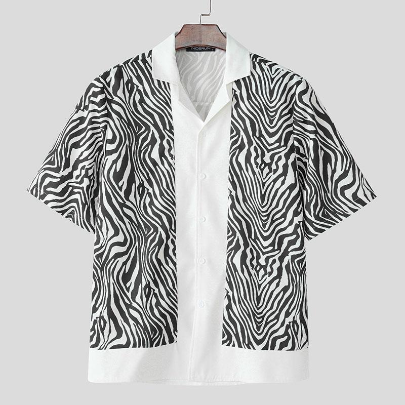 

INCERUN Oversized Summer Men Lapel Neck Short Sleeve Print Casual Holiday Shirts 4XL чёрный