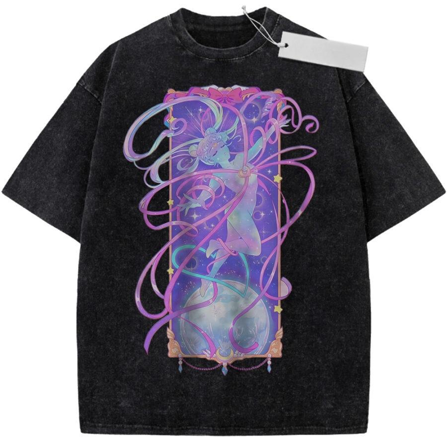 Summer Mens Purple Washed T Shirt Sailor Moon Chibiusa Dreamy Ribbon High Quality Fabric for Casual Shopping