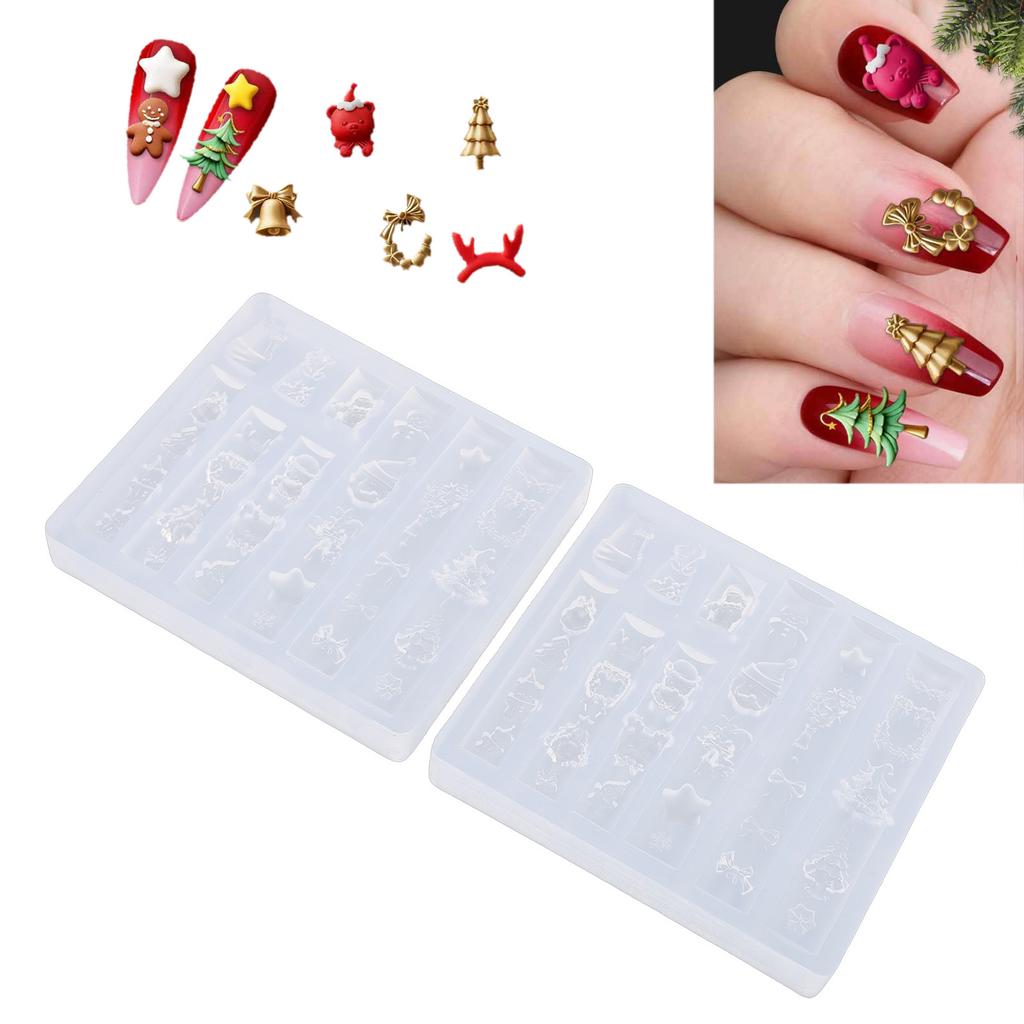 2 Pcs Xmas 3D Nail Mold Reusable Cute Silicone Nail Mold Xmas Tree Snowflake Carving Template