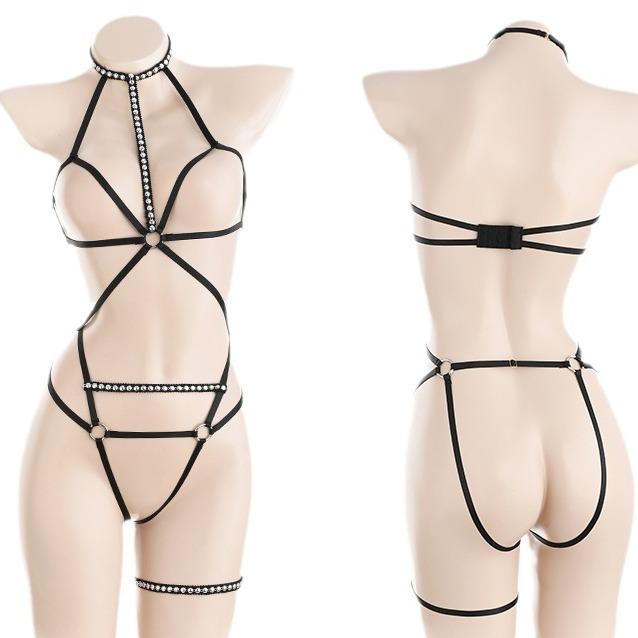 Sex Underwear Sexy Bundled Ultra-thin Perspective Pajamas Uniform Pure Desire Wind Rivet Bondage Suspender One-piece Set