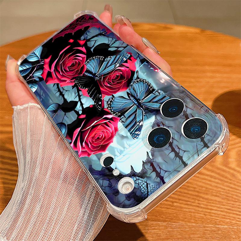 Scarlet Red Rose Flower Pattern Case For iPhone 17 Pro Max Coque iPhone 16 15 14 13 Pro Max 11 Shockproof Clear Soft Silicone Cover