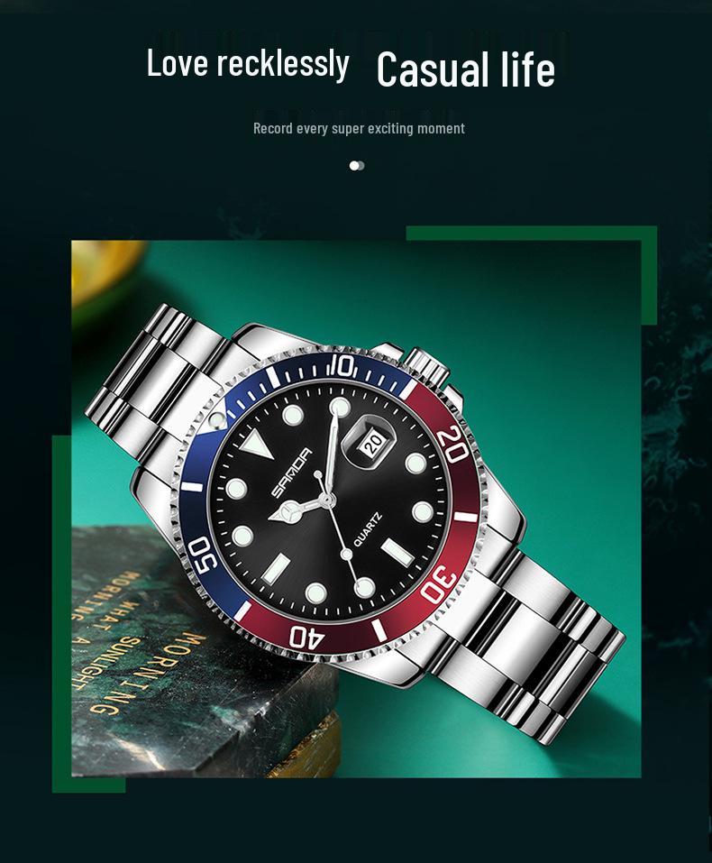 Sanda Men's Green Water Ghost Quartz Watch - Casual Waterproof Steel Band Wristwatch