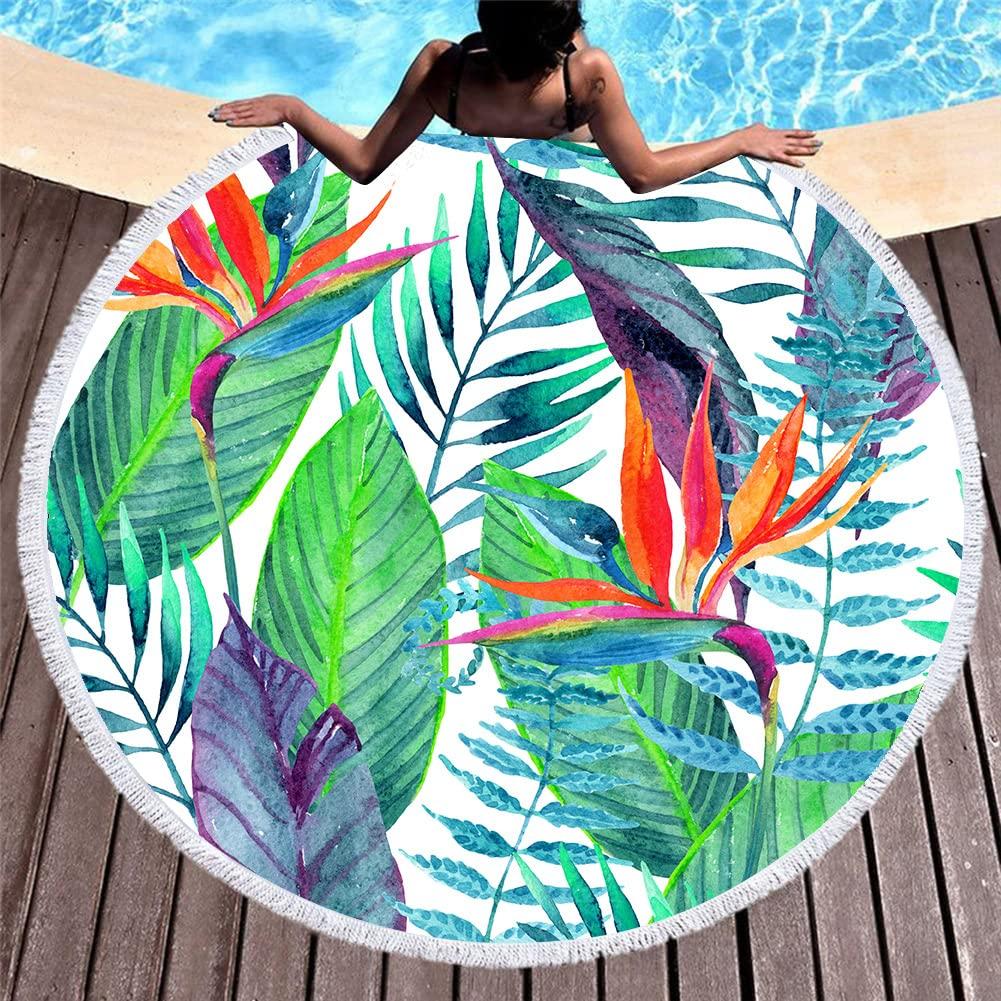 Telo Mare Rotondo Coperta Oversize Foglia di Palma Stile Tropicale Stampa Fenicottero Microfibra Grande Asciugamano Rotondo Picnic Asciugamano Assorbente