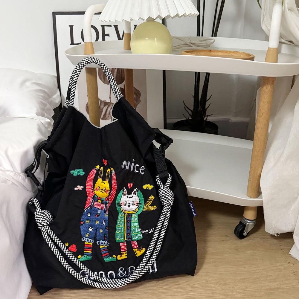 Japanese Style Handmade Waterproof Nylon Canvas Bag with Embroidered Patterns, Large Capacity