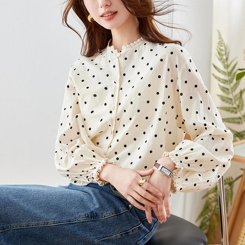 Dámská halenka s kulatým výstřihem a puntíky, dlouhý rukáv, jarní top s nabíranými rukávy, temperamentní dámská halenka z čisté bavlny