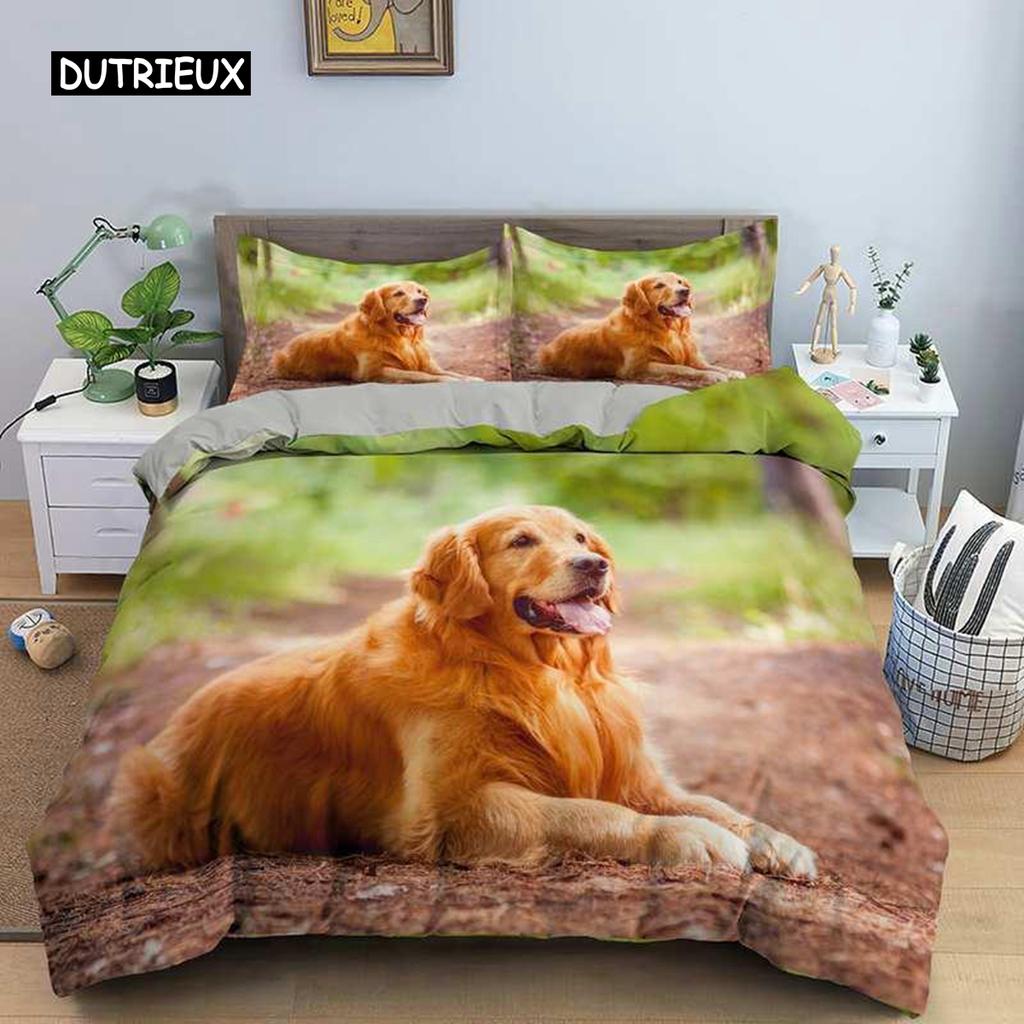 Dog Duvet Cover Set Golden Retriever Queen Size Bedding Set for Boys Girls Microfiber 3D Pet Themed Animal Funny Dog Quilt Cover