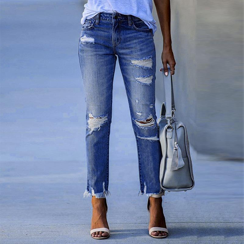New Washed Ripped Fringed Women's Jeans Slim-fitting Elastic Pants