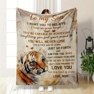 Mom's Love Inspirational Tiger Print Blanket for Son Bedroom Blanket for Livingroom Couch Lunch Break Soft Throw for Friend's Festival Gift