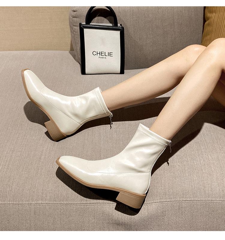 2024 Autumn/Winter Women's Elastic Slimming Chunky Heel Ankle Boots with Square Toe & Back Zipper