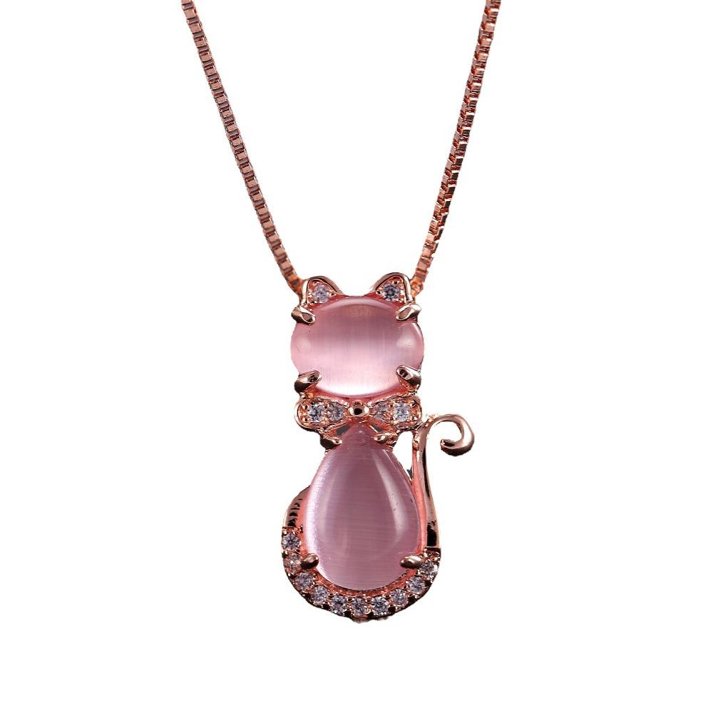Rose Gold Plated Synthetic Morganite Cat Pendant Necklace for Women Elegant Collarbone Chain Jewelry