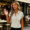 Damska Koszula Obniżona Linia Ramion Krótkie Rękawy Plisa na Guziki Pasiasty Wzór Letnia Koszula Luźny Krój Miękkie Elastyczne Topy Do Codziennego Ubrania