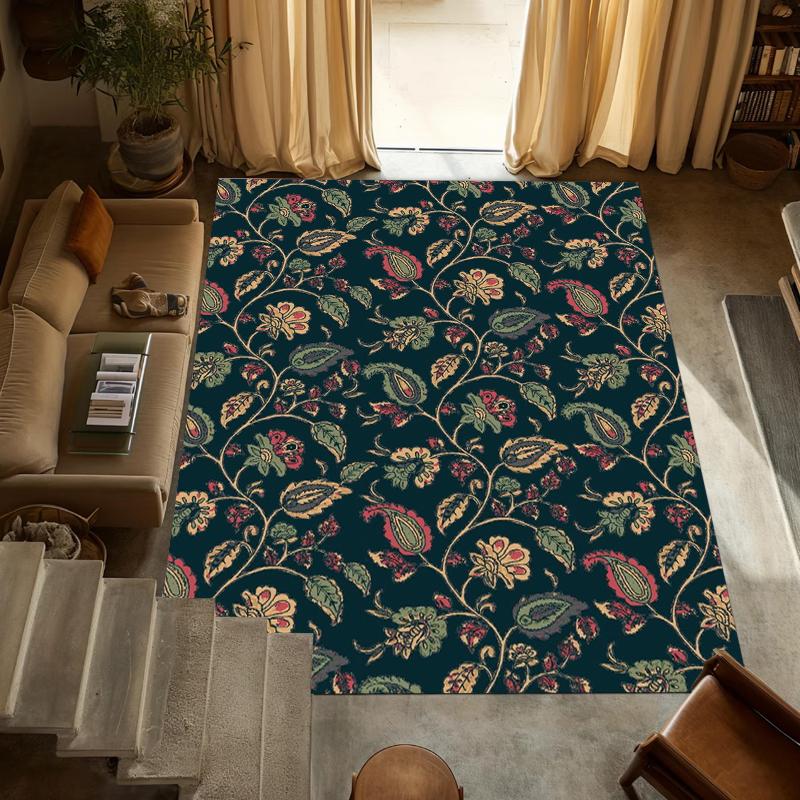 

Bold Black Teal Floral Area Rug Non Slip Washable Floor Carpet with Vibrant Botanical and Paisley Motifs for Living Room Bedroom 40X60CM