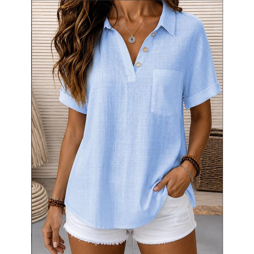 Women's Point Collar Short Sleeve Blouse Regular Fit Minimalist Casual Shirt